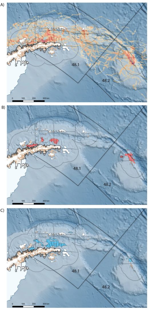 At-sea distribution of mean time spent by the 18 male Antarctic fur seals