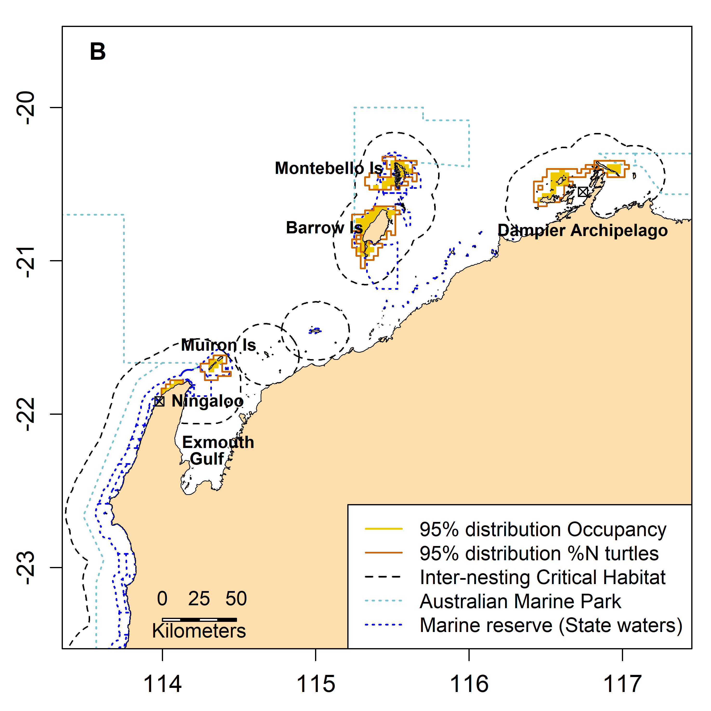 Inter-nesting, migration and foraging 95% distribution of green turtles in the Northwest of Australia