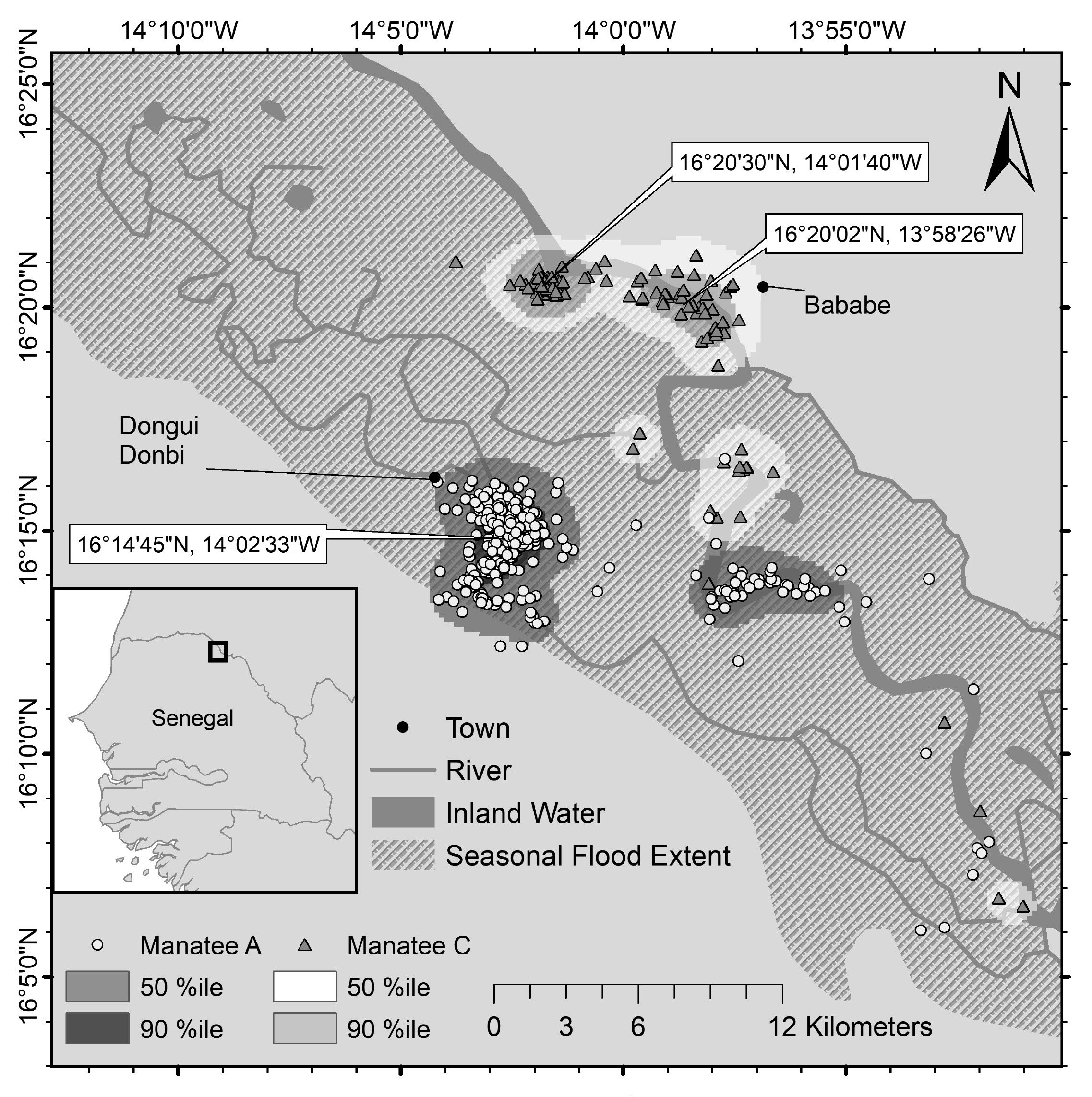 Locations for the two males with habitat use for the dry season