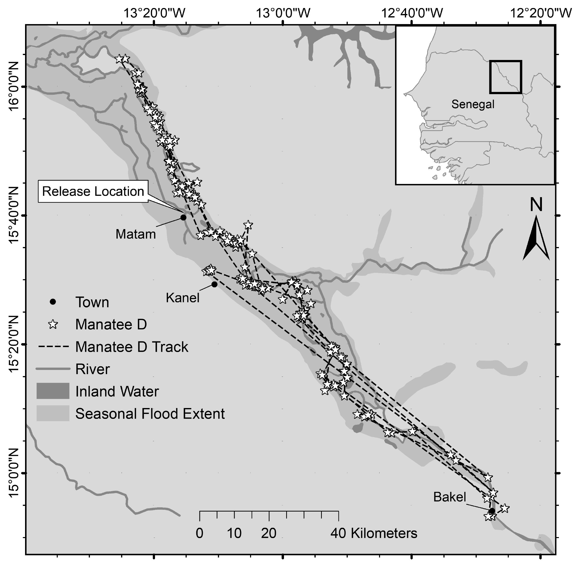 Locations for the female, including the six long-range trips