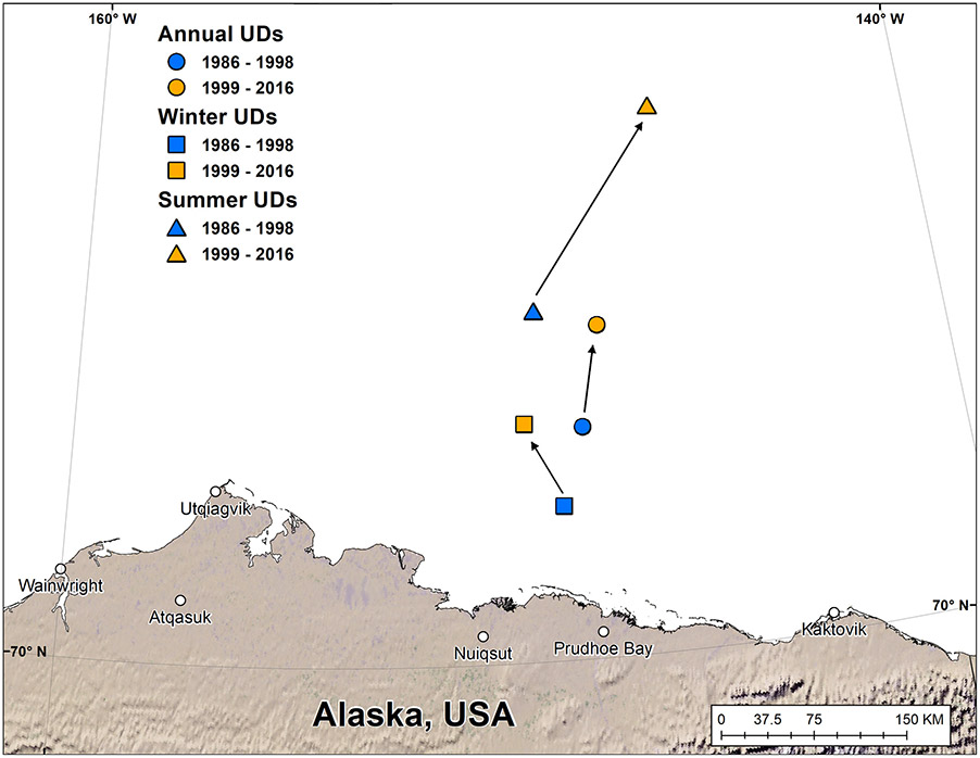 Mean centroids of the annual, winter and summer utilization distributions of adult female polar bears in the southern Beaufort Sea