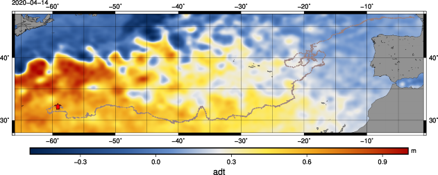 Icare's track on April 14, 2020 overlaid on Sea Surface Heights (Argos tracks for CESTM/Aquarium La Rochelle, ADT data EU Marine Copernicus)