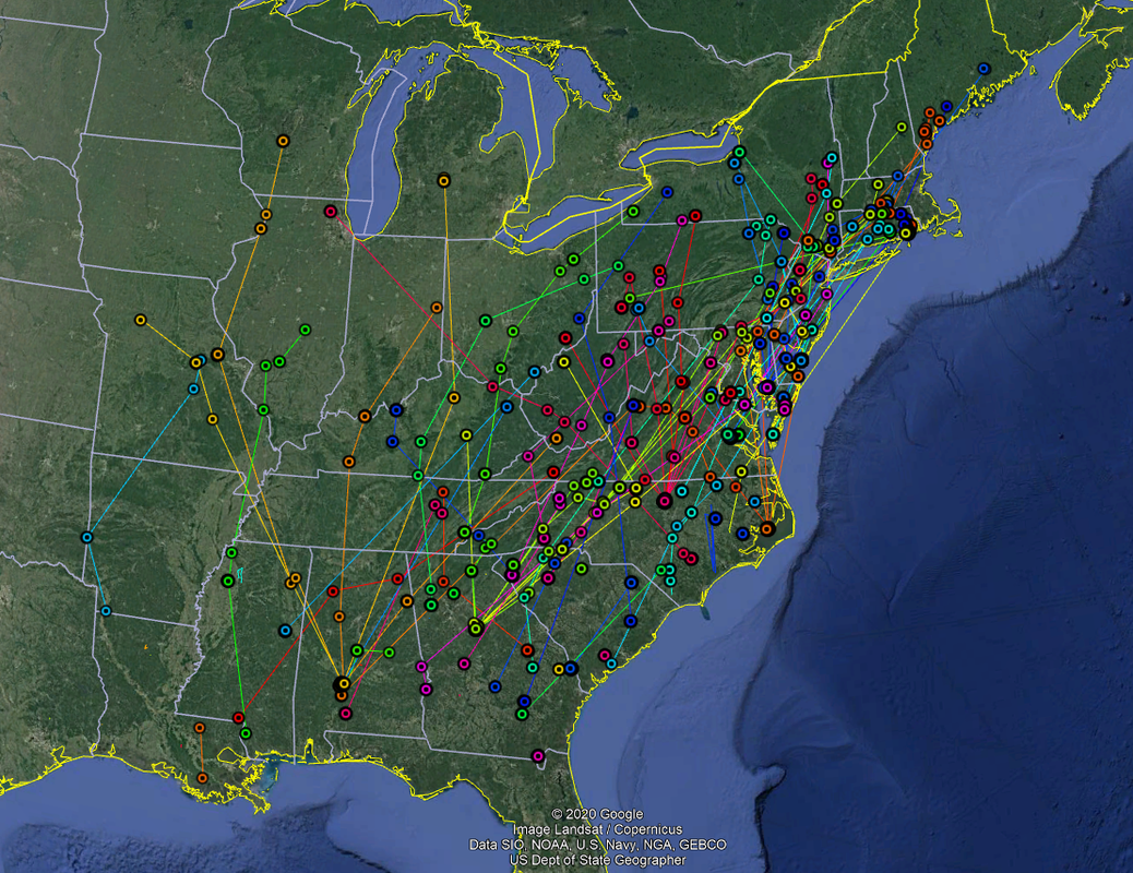 Map of 20 March 2020: the woodcocks began moving north at the end of February / beginning of March for most of them. A few began earlier, and some, marked in Georgia, South Carolina, and North Carolina, have not left yet. A few have flown as far north as Wisconsin, Maine, and Michigan. As birds continue to move north, they are arriving on the edge of the snowpack and will likely need to wait for the snow to melt before continuing further north. (Credit EWMRC)