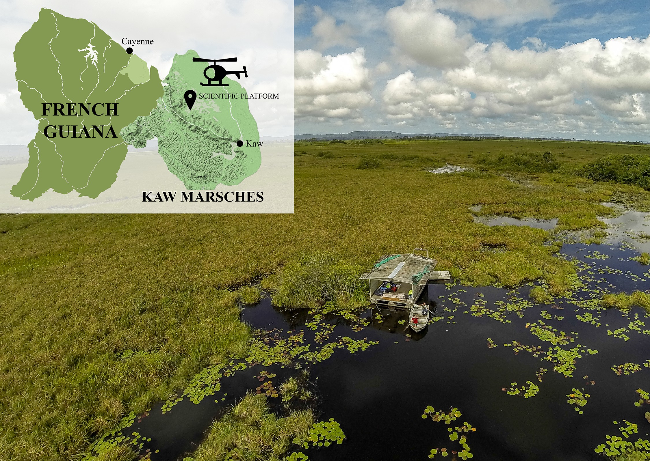 Situation map of Kaw marshes and Agami pond; photo of the Agami pond platform. (Credit S. Caut)
