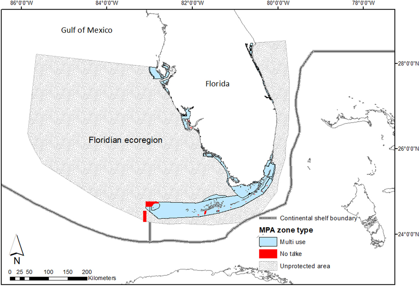 Map of the ecoregion and Marine Protected Areas included in the study