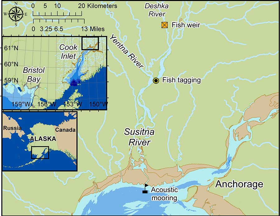 Situation map showing the location of an acoustic mooring to detect beluga feeding
