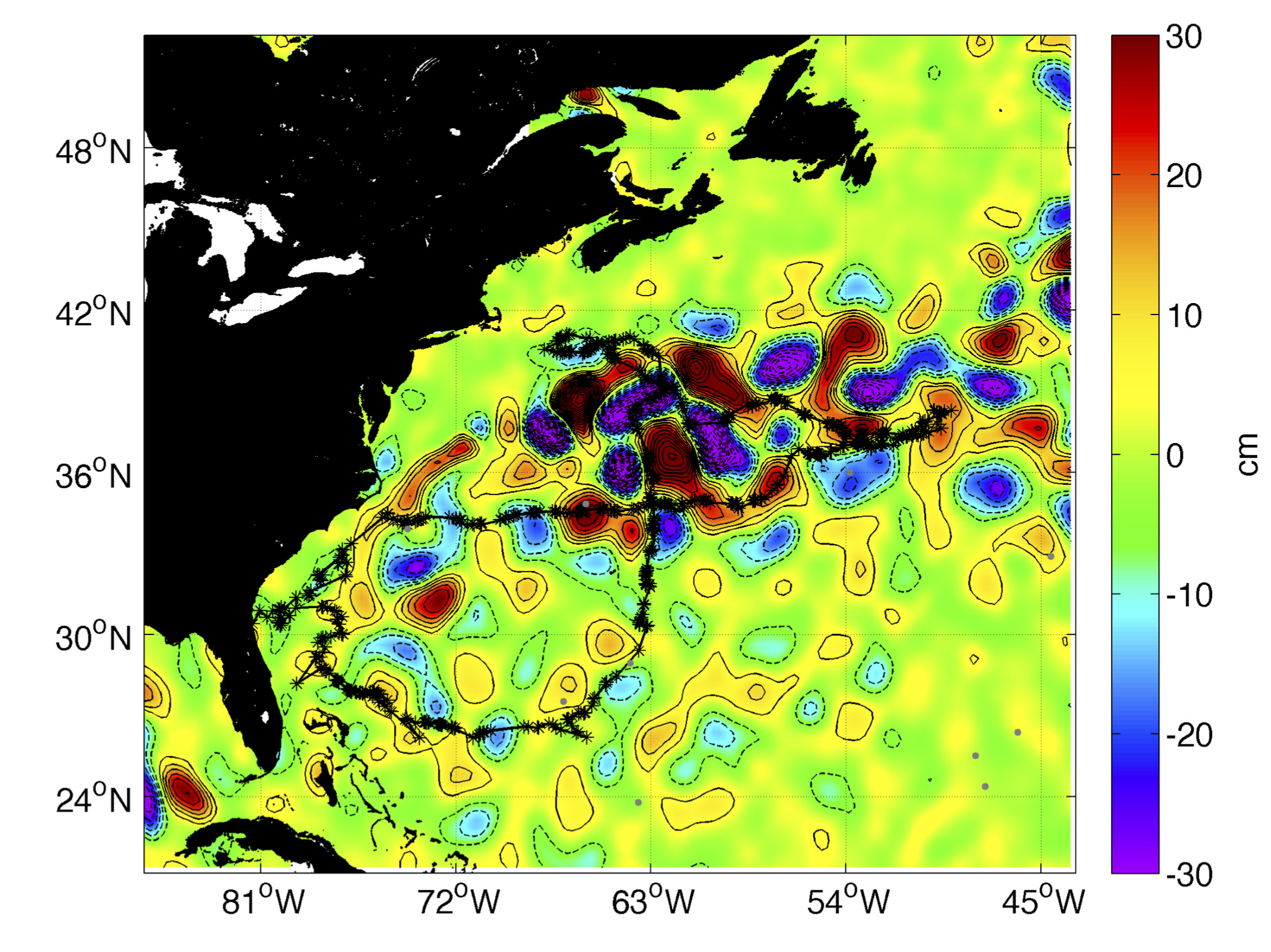 One of the sharks’ track overlaid on sea surface height anomalies from altimetry satellites (Credits Applied Physics Laboratory, University of Washington) (note that such maps can now be plotted for the last year using the “Met-Ocean” feature on Argos web)