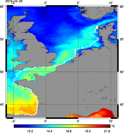 Jupiter's track on October 23, 2019 overlaid on Sea Surface Temperature (Argos tracks for CESTM/Aquarium La Rochelle, SST data EU Marine Copernicus)