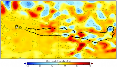 An elephant seal track (CEBC/CNRS), with the elephant turning around the low eddy on the right (sea level anomaly map dating from that turn)
