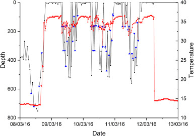 Depth and temperature recorded data for a predated eel tag