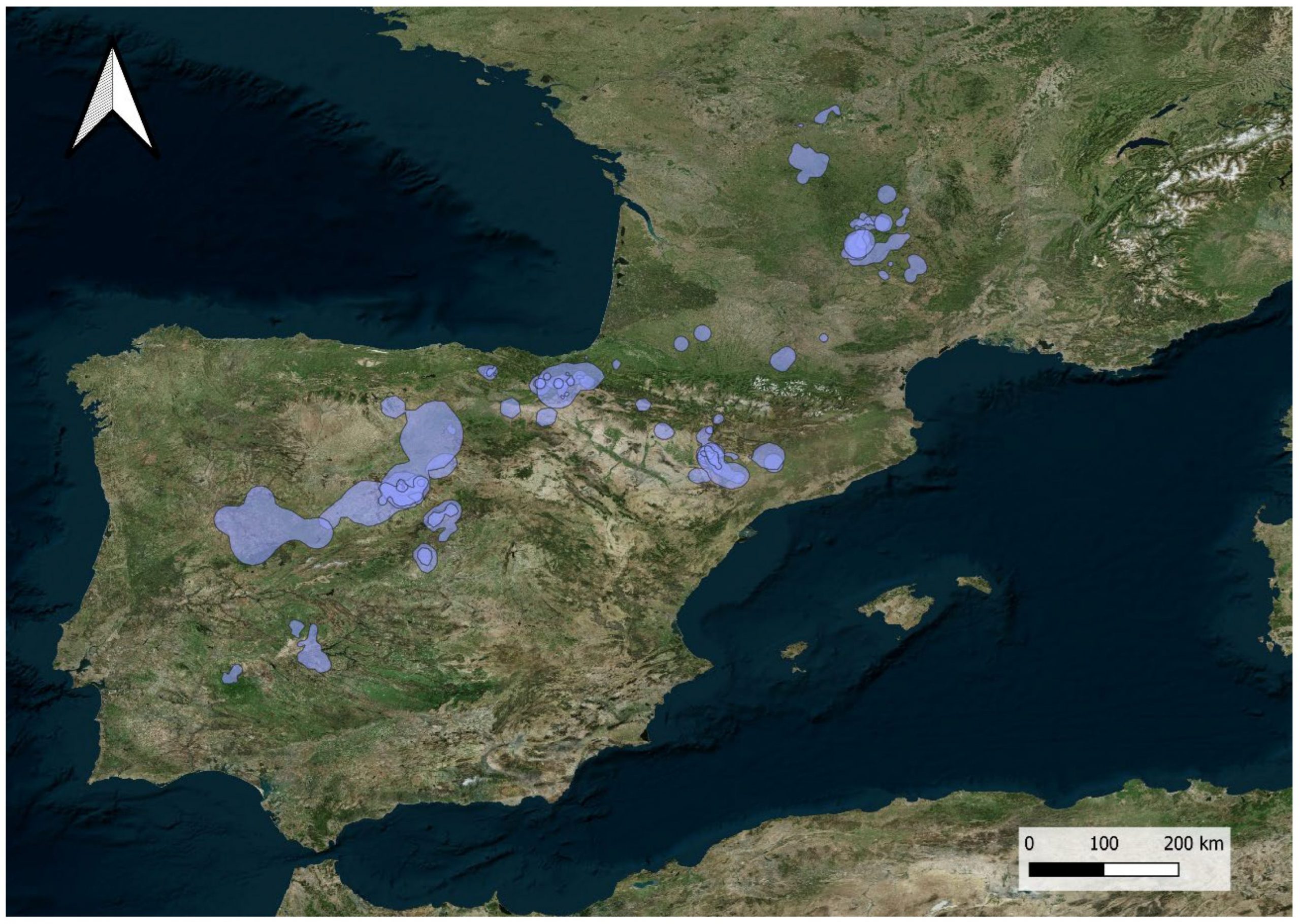 Wintering areas used by the 44 tagged red kites during their non-breeding seasons in Spain and Southern France