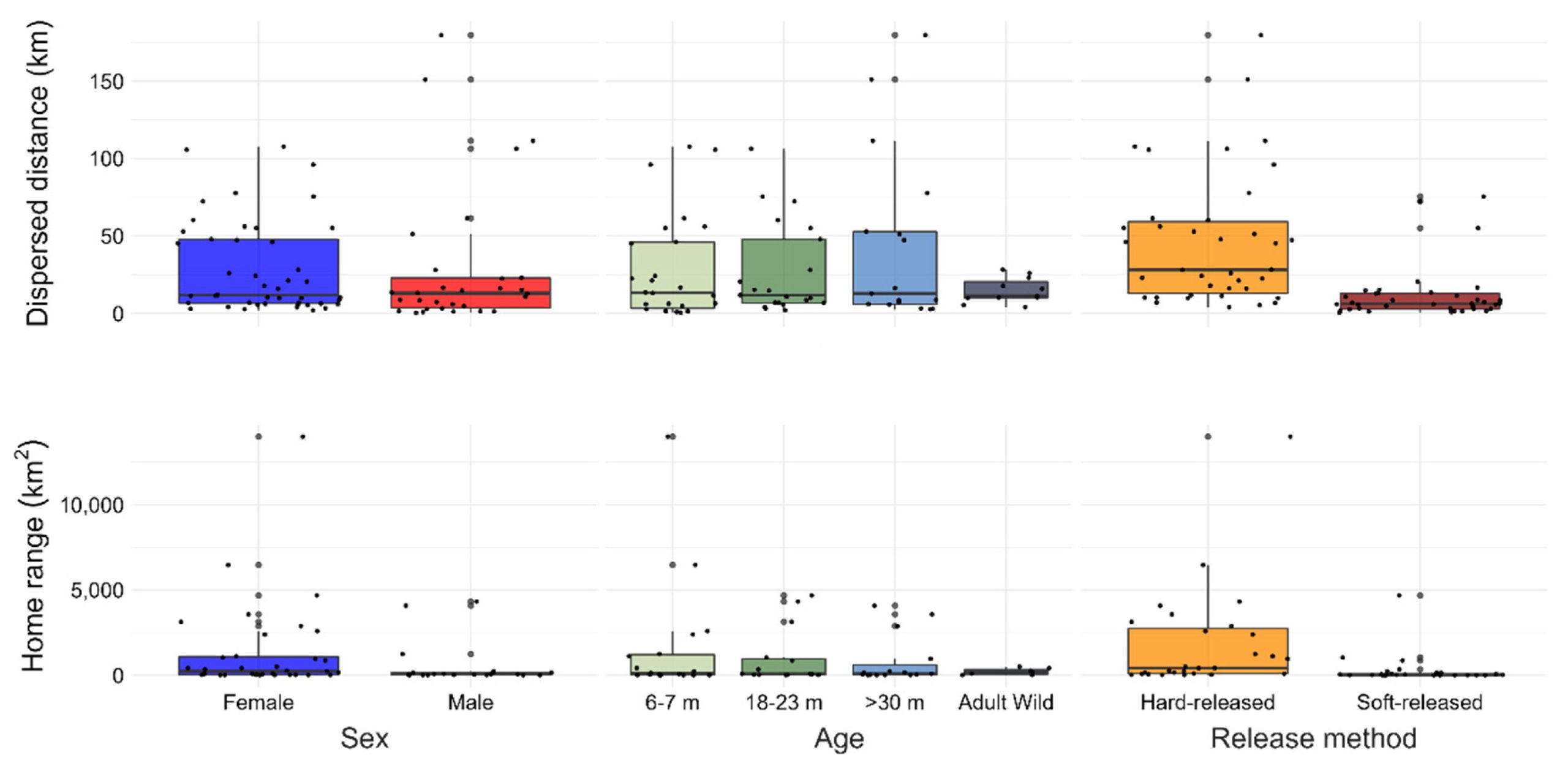 Dispersal and home ranges by sex, age at release, and release method of captive-reared and rehabilitated Harpy Eagles in Central America
