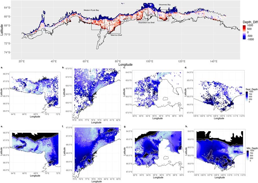 Map of the East Antarctic continental shelf showing the discrepancy between seal dive depths and the IBCSO V2 bathymetry grid