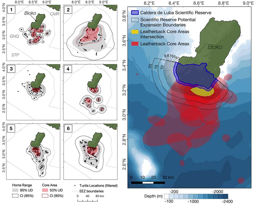 Utilisation distribution contours of some of the female leatherback turtles tracked during their reproductive season in Bioko Island, Equatorial Guinea.