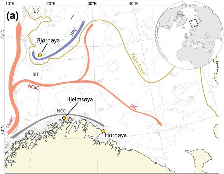 The study area in the southern Barents Sea and its location globally with study colonies